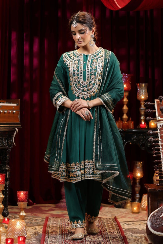 Dark Green Georgette Anarkali Gota Embroidery Salwar Set. Front View.