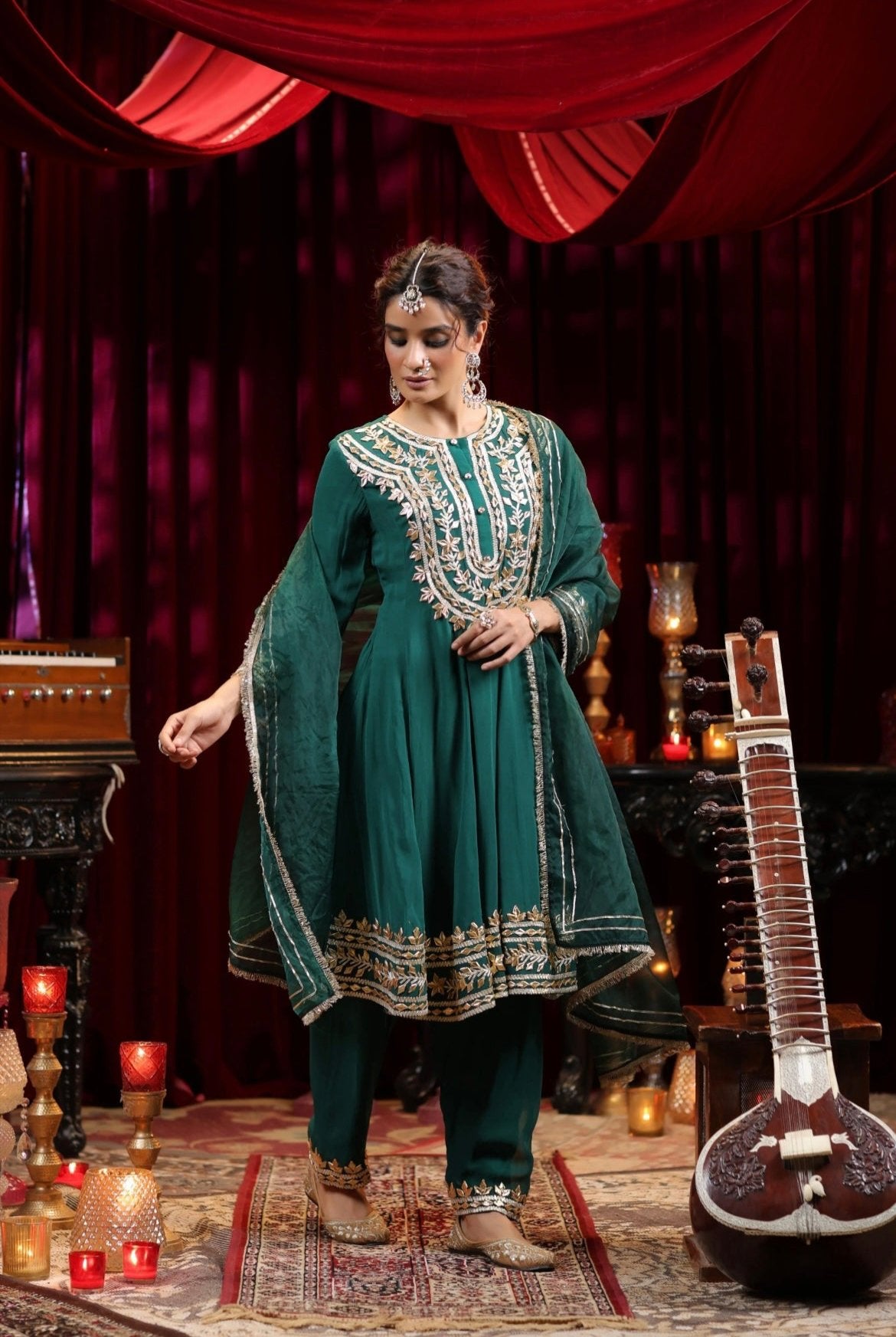 Dark Green Georgette Anarkali Gota Embroidery Salwar Set. Side View.