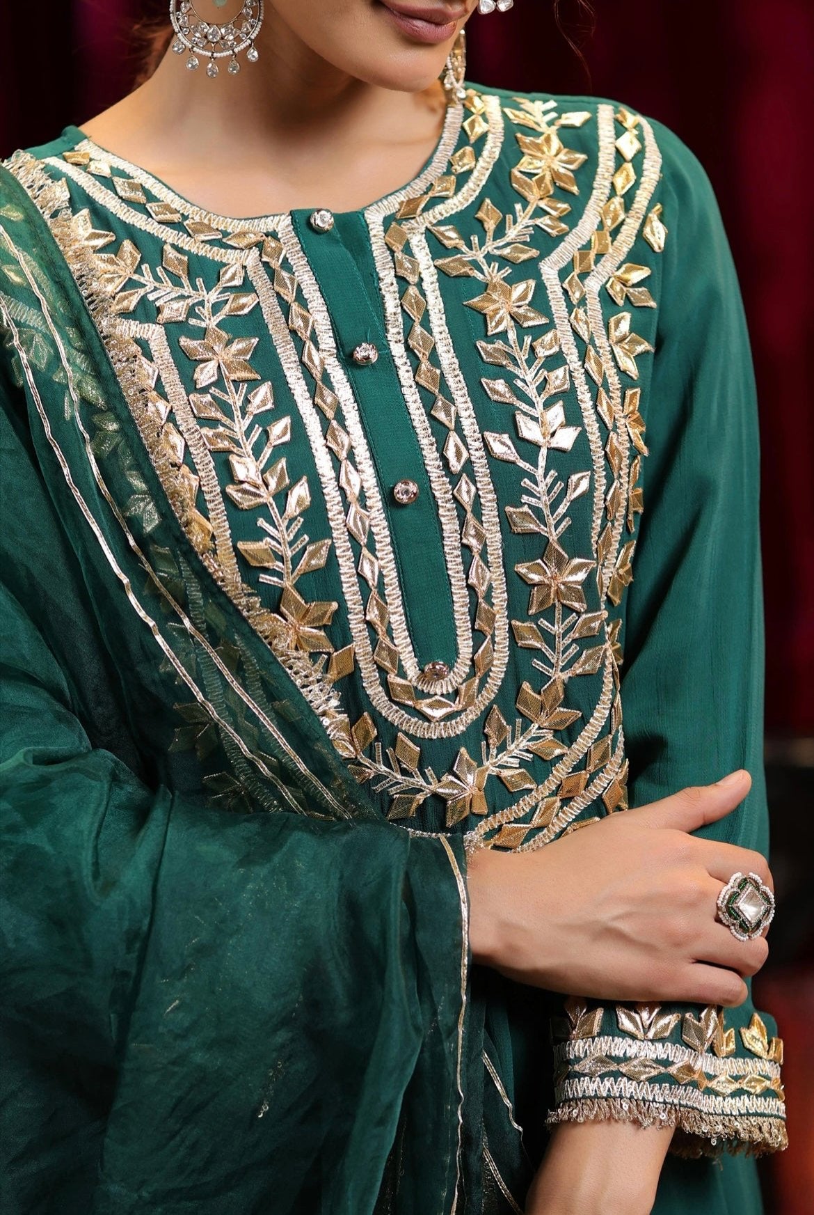 Dark Green Georgette Anarkali Gota Embroidery Salwar Set. Embroidery Detail View.