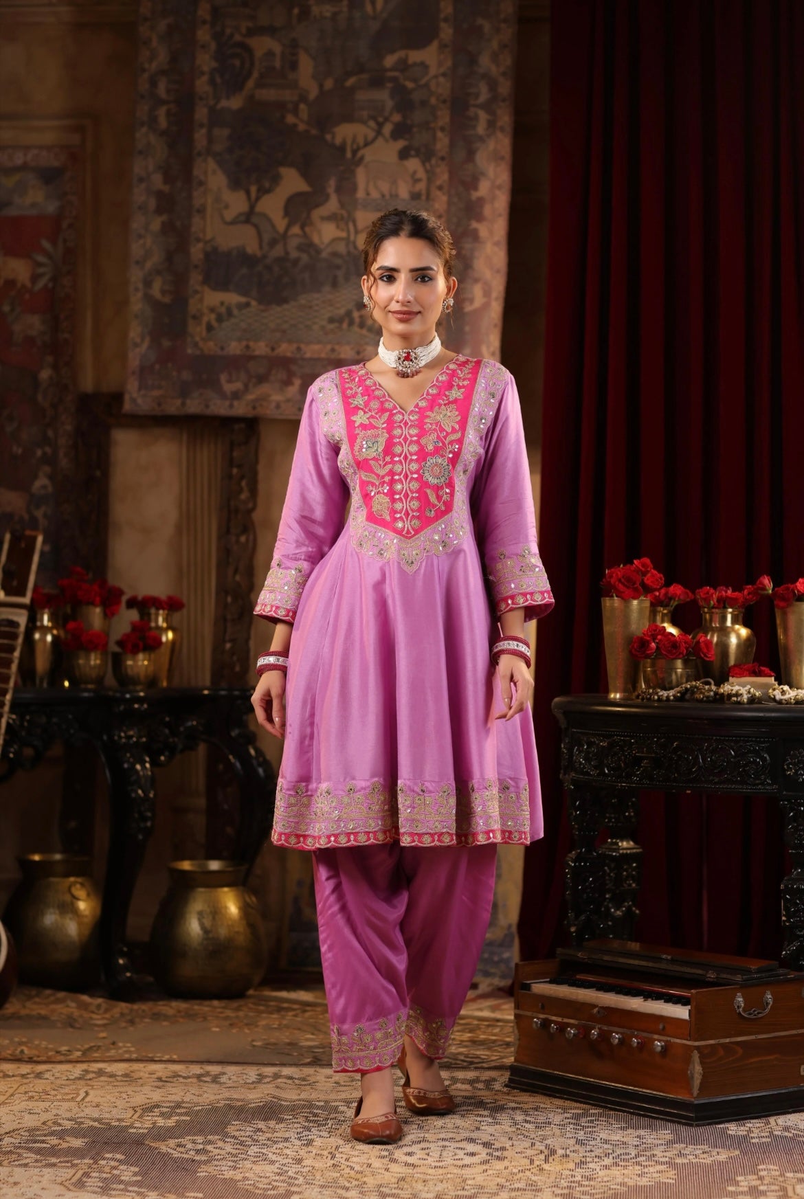 Mauve Fuchsia Anarkali Salwar Silk Set embroidered in zari and dori. Front View