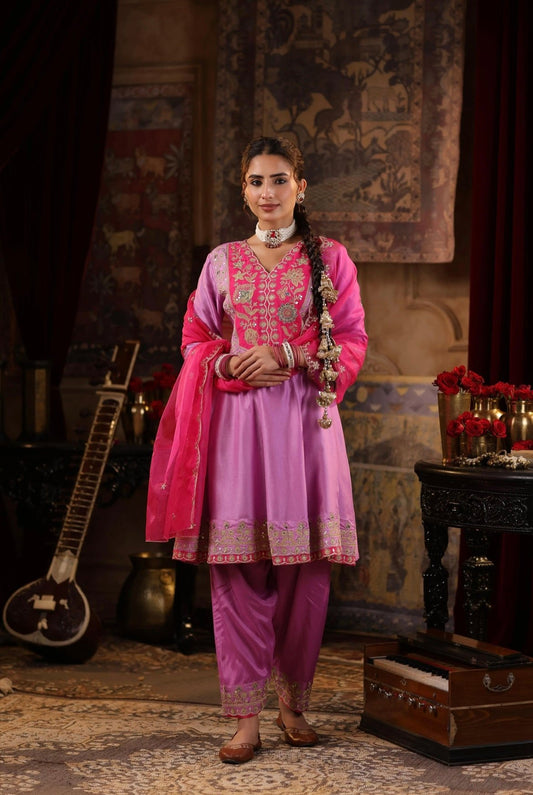 Mauve Fuchsia Anarkali Salwar Silk Set embroidered in zari and dori. Front View.