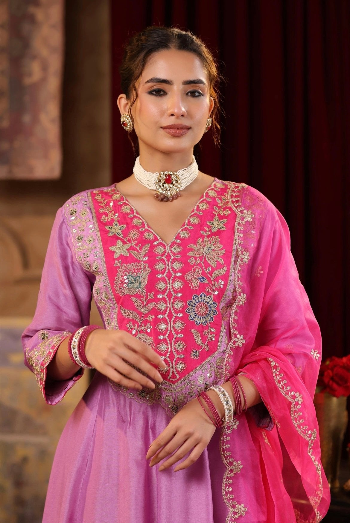 Mauve Fuchsia Anarkali Salwar Silk Set embroidered in zari and dori. Detail view.