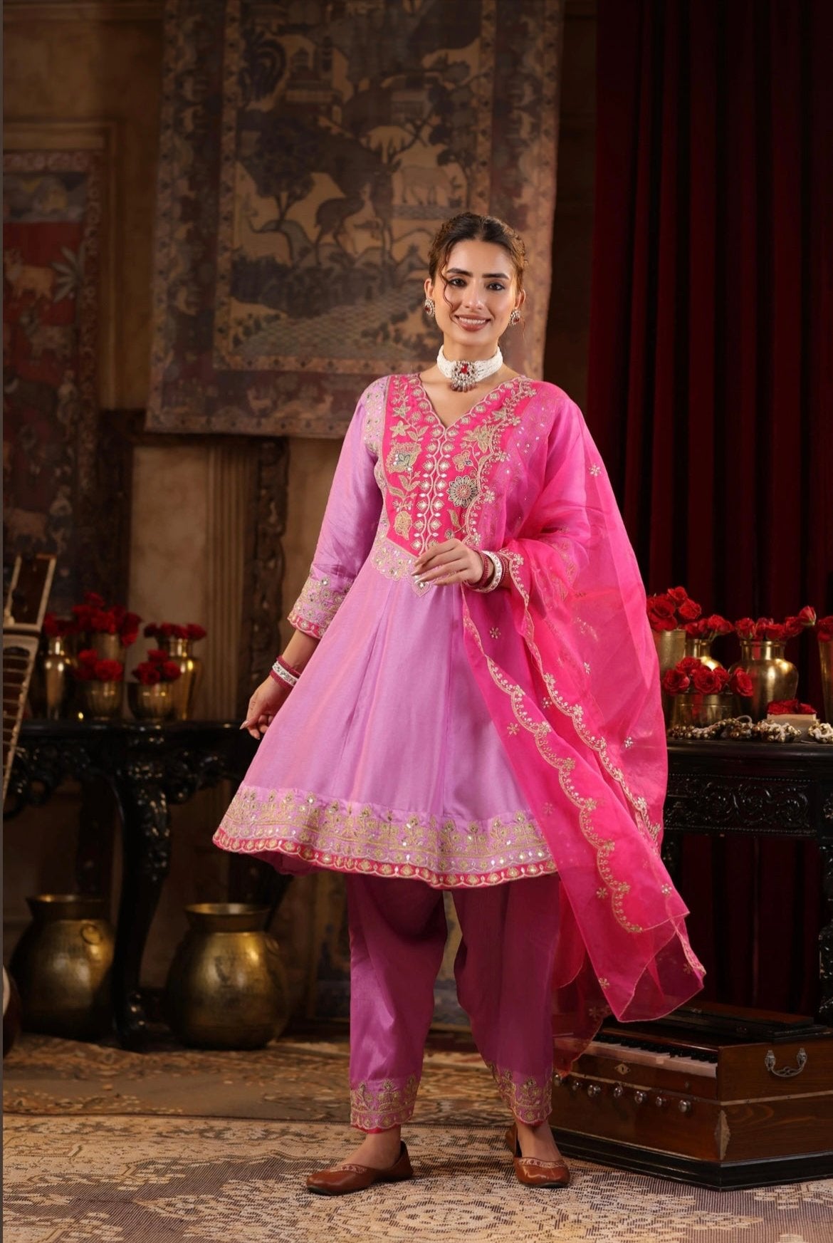 Mauve Fuchsia Anarkali Salwar Silk Set embroidered in zari and dori. Side view