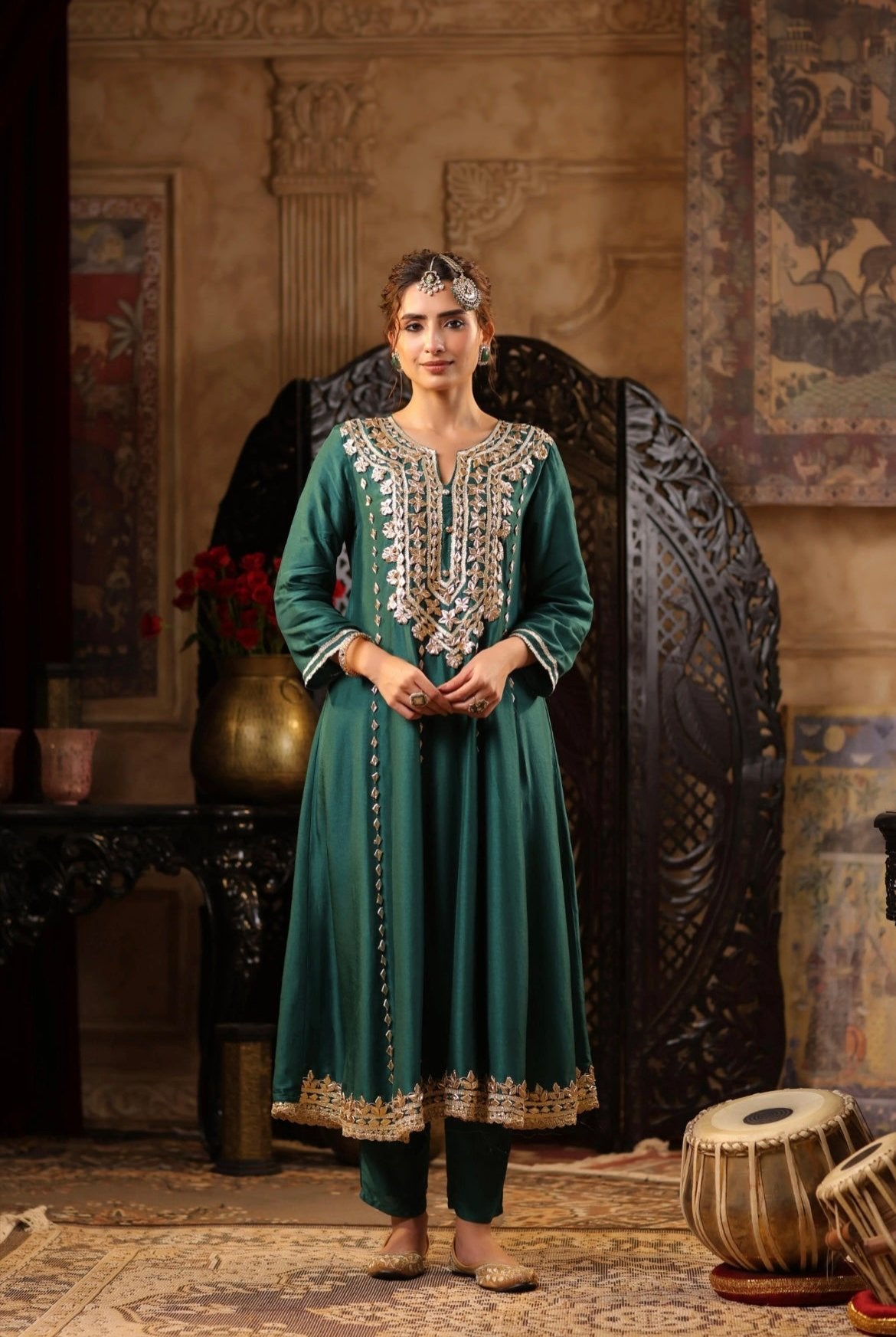 Dark Green Silk Anarkali with Pants. Gota Patti Embroidery. Front view.