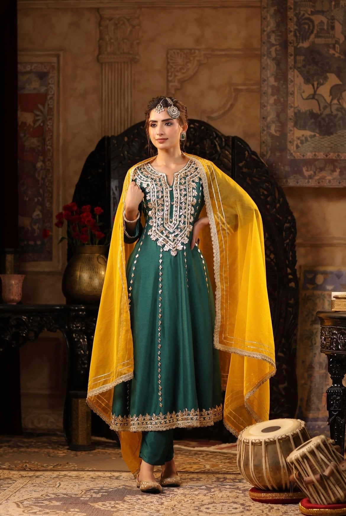 Dark Green Silk Anarkali with Pants. Gota Patti Embroidery. Full front view.