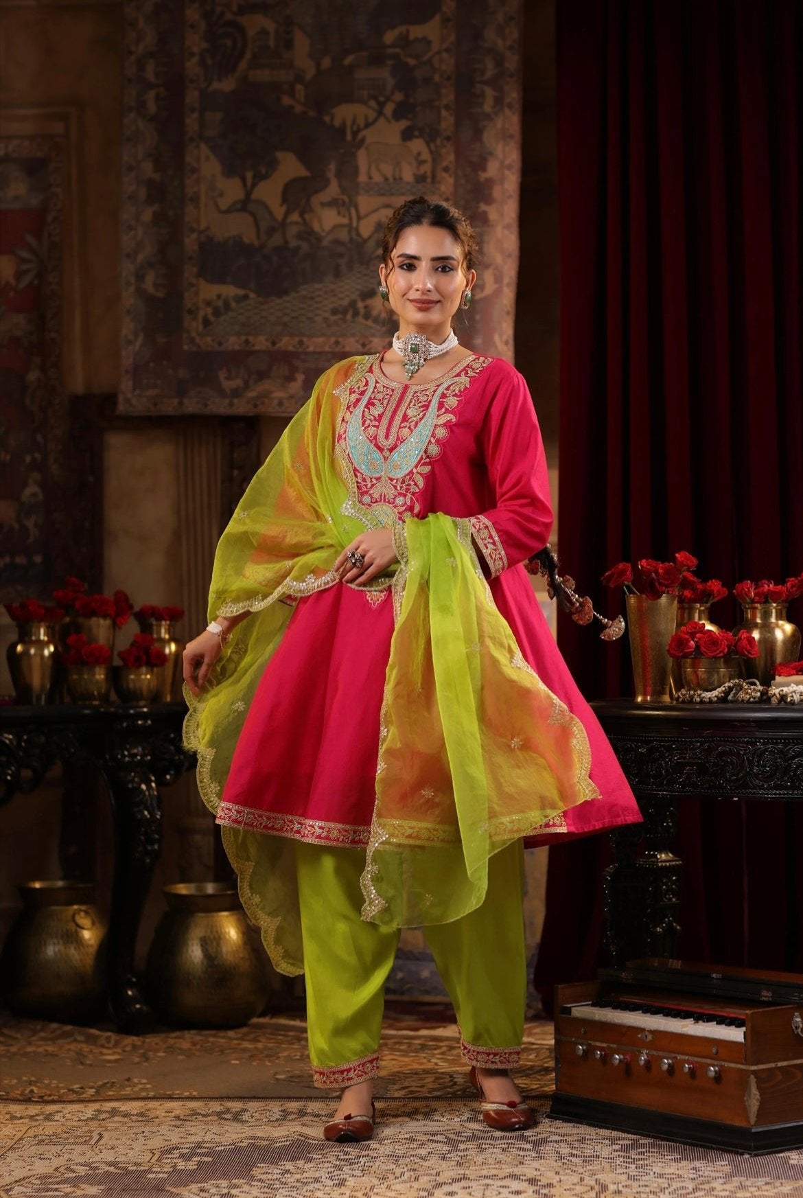 Fuchsia Lime Green Silk Anarkali Set with Zari and Dori embroidery. Front view.