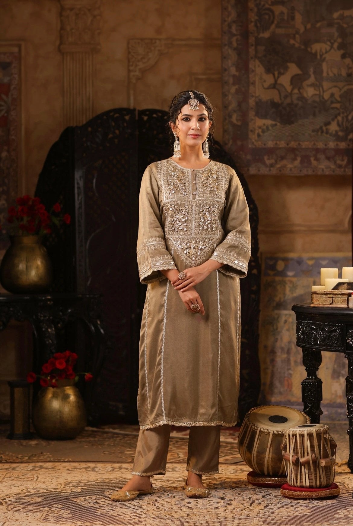 Taupe Silk Kurta Pant Set with zari and gota patti embroidery. Front view.