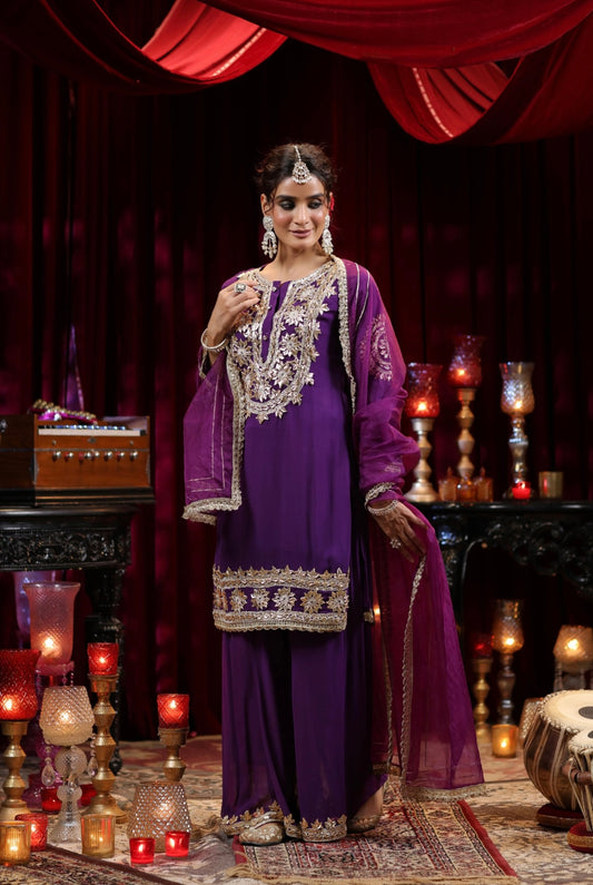 Purple Georgette Gota Work Kurta with Palazzo Set. Side View.