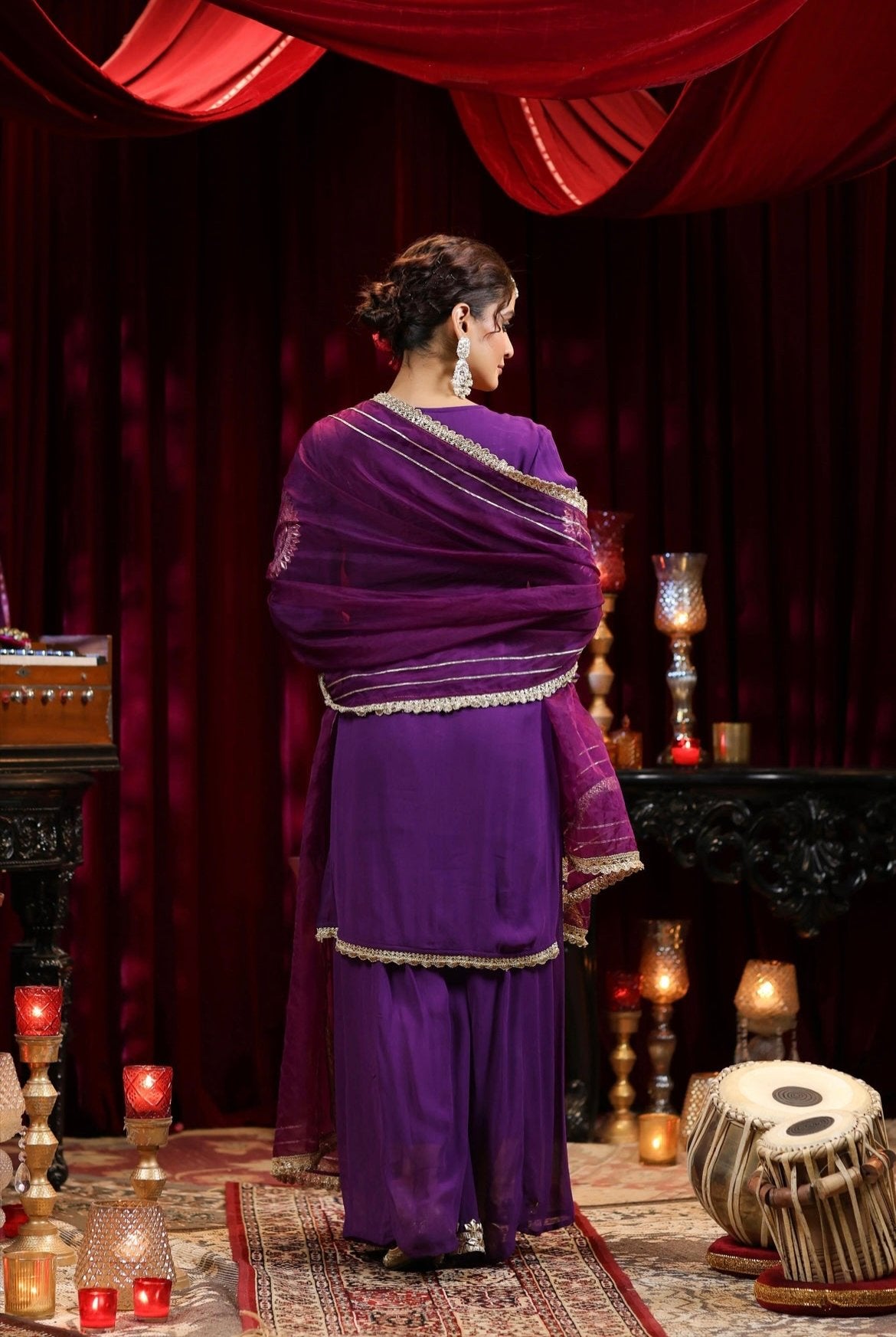 Purple Georgette Gota Work Kurta with Palazzo Set. Back view.