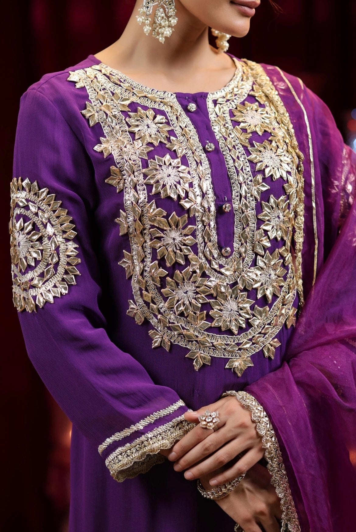 Purple Georgette Gota Work Kurta with Palazzo Set. Detail view.