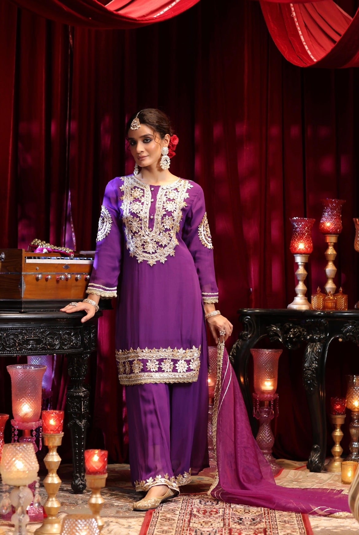 Purple Georgette Gota Work Kurta with Palazzo Set. Front view.