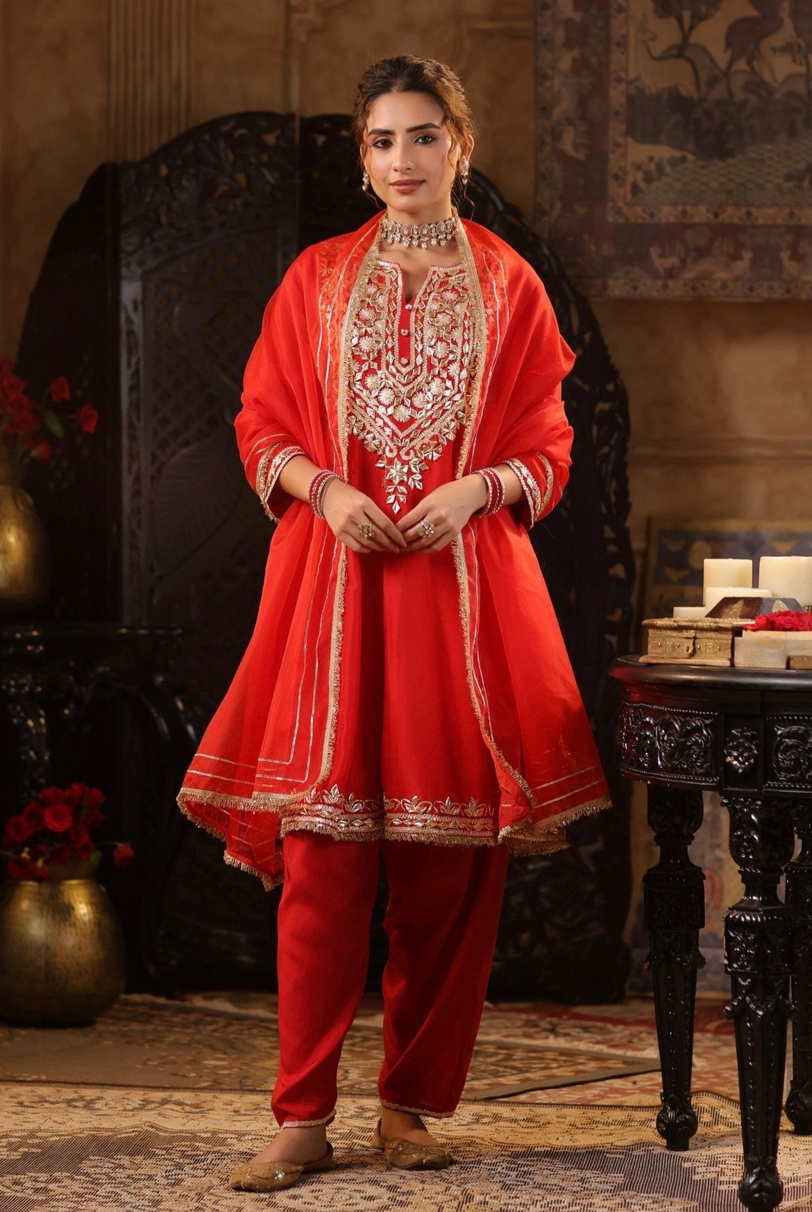 Red Silk Anarkali Salwar Set with Zari, Dori and Gota work. Front view.