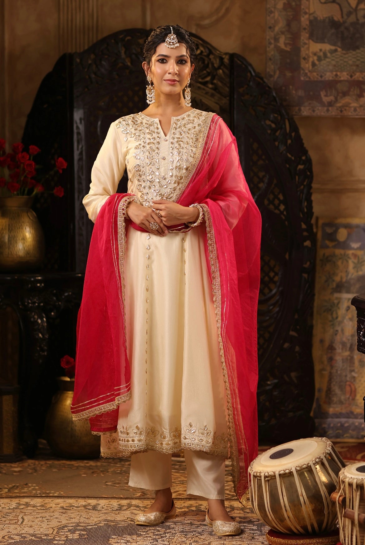 Ivory Fuchsia Silk Anarkali Set with Gota Work. Front view.