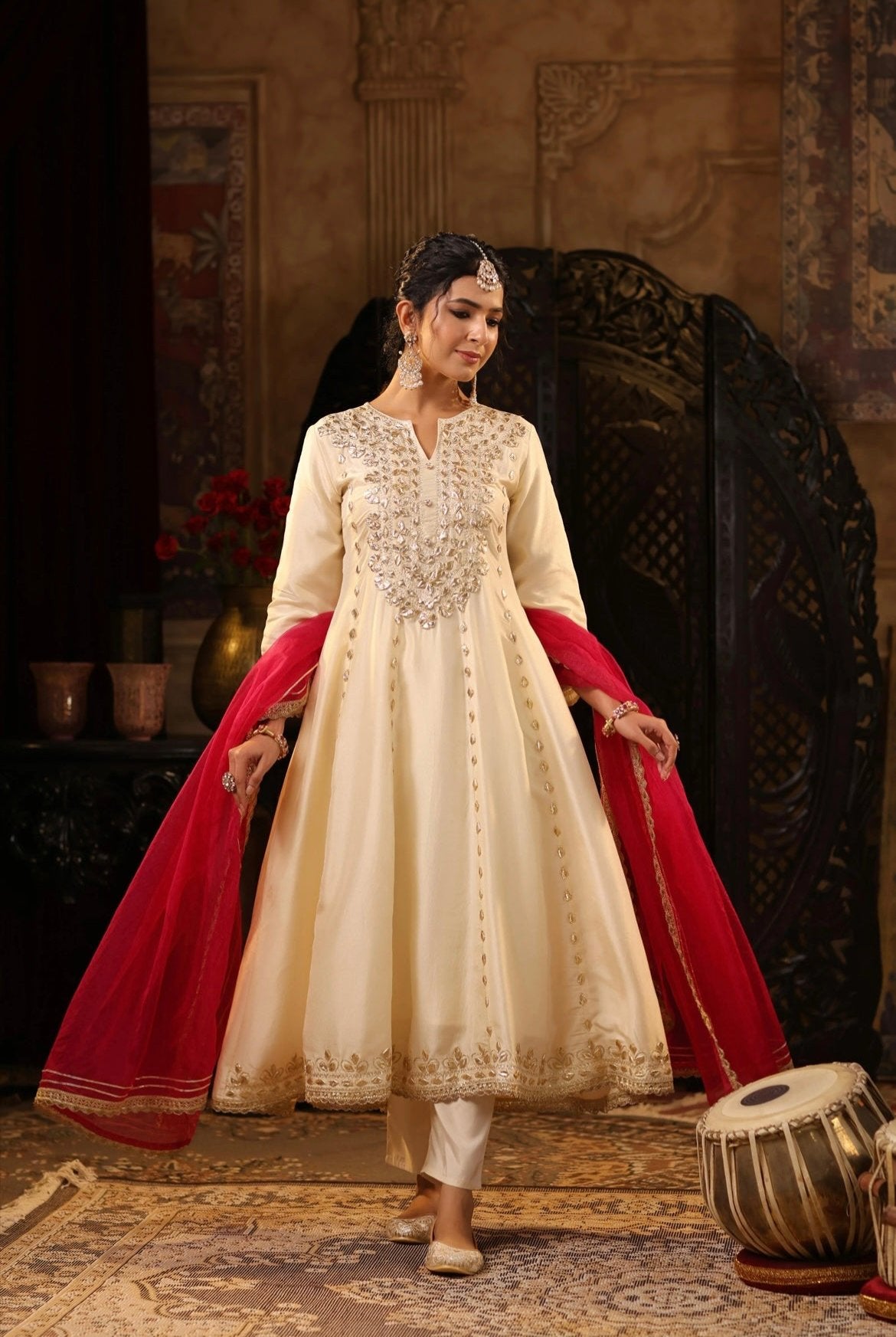 Ivory Fuchsia Silk Anarkali Set with Gota Work. Front view.