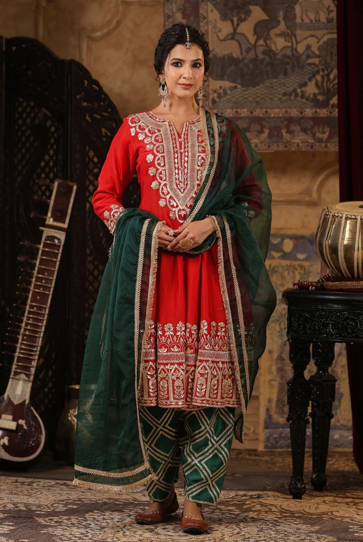 Red and Dark Green Silk Anarkali Salwar Set with Gota embroidery. Front view