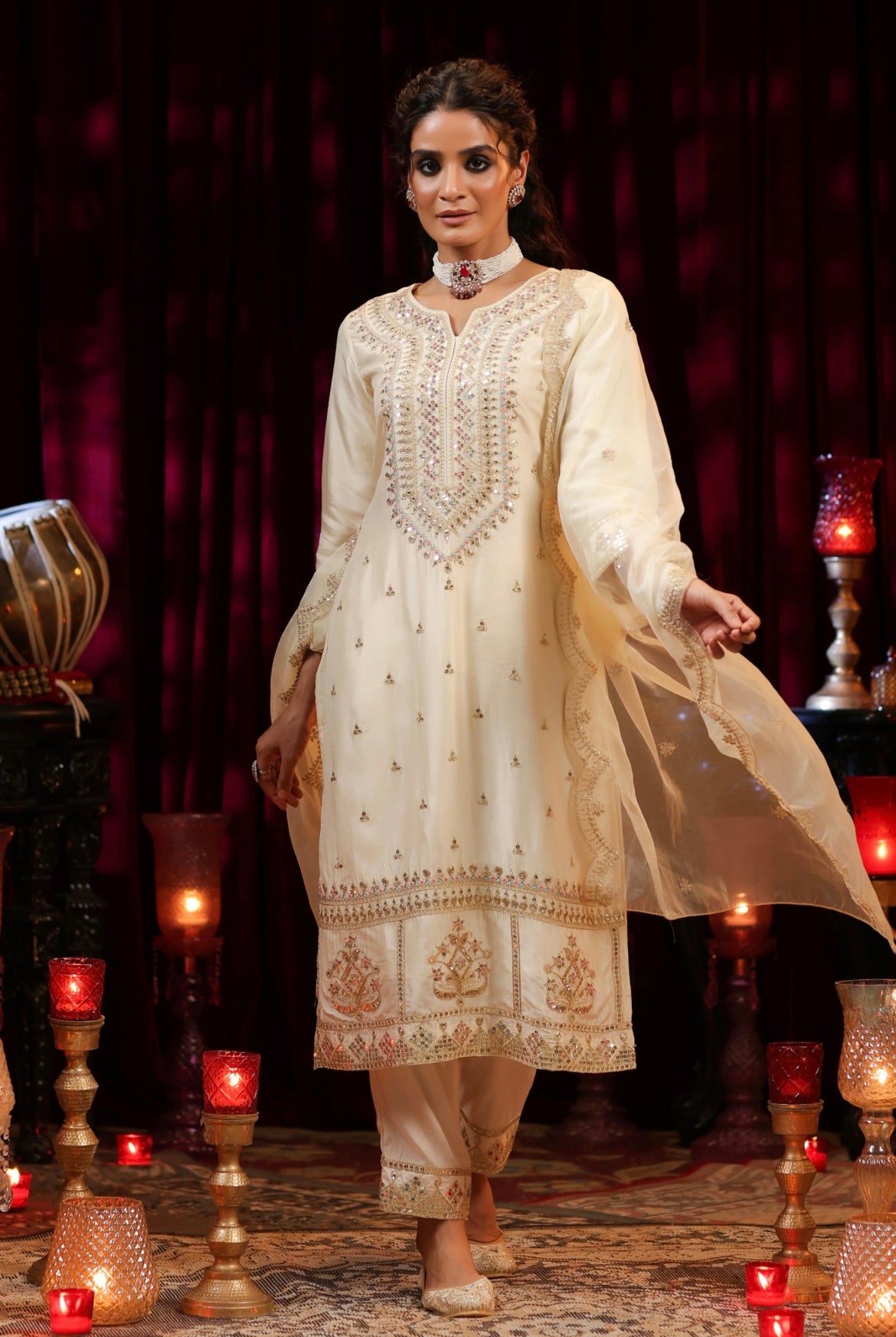 Ivory Silk Kurta Suit Set with Dori Embroidery. Front view.