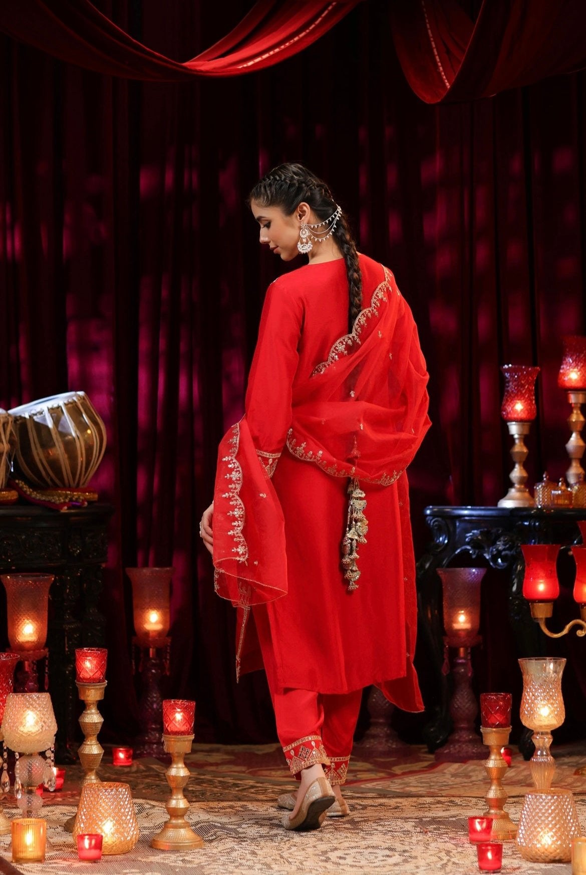 Red Silk Kurta Pant set with dori sequin embroidery. Back view.