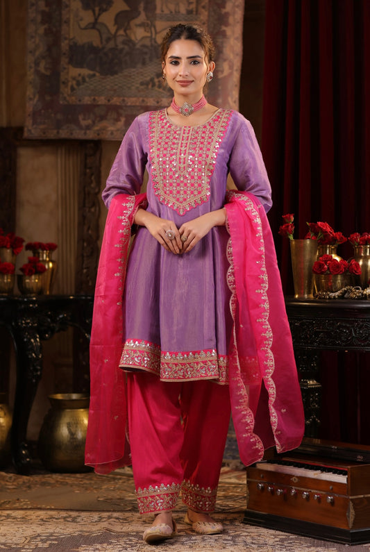 Purple Shimmer Organza Anarkali with Fuchsia Salwar and Dupatta. Dori and Zari work. Front view.