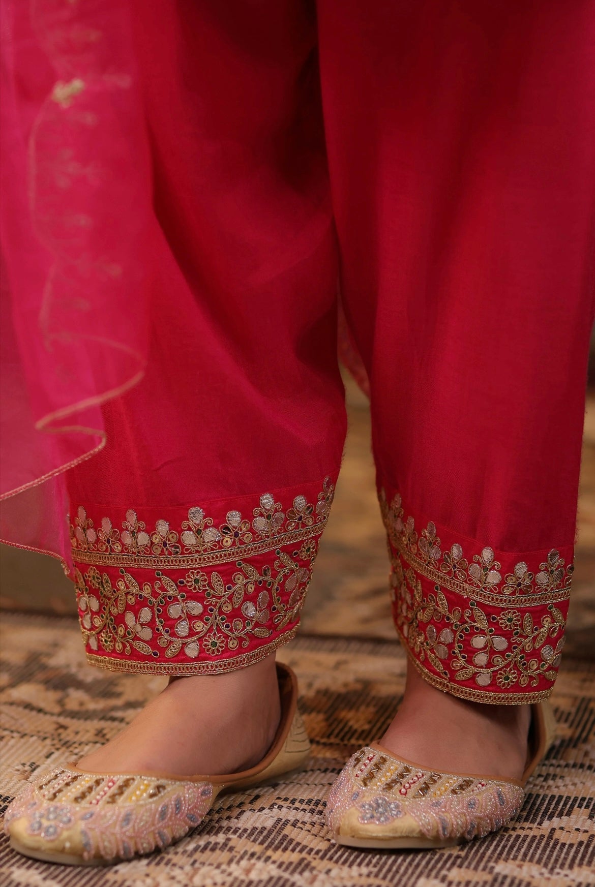 Purple Shimmer Organza Anarkali with Fuchsia Salwar and Dupatta. Dori and Zari work. Salwar Detail view.