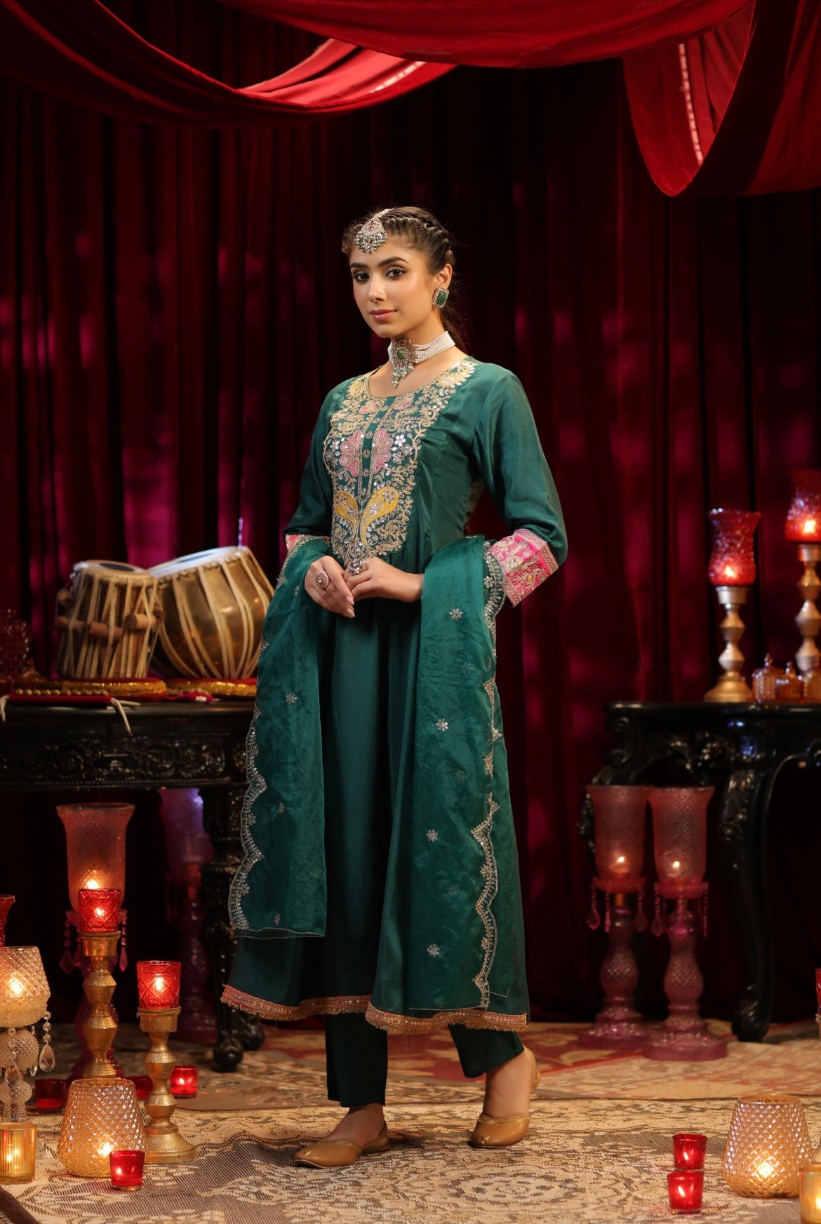 Dark Green Silk Anarkali with Pant & Dupatta. With Zari-Dori and Gota embroidery. Left Side view.