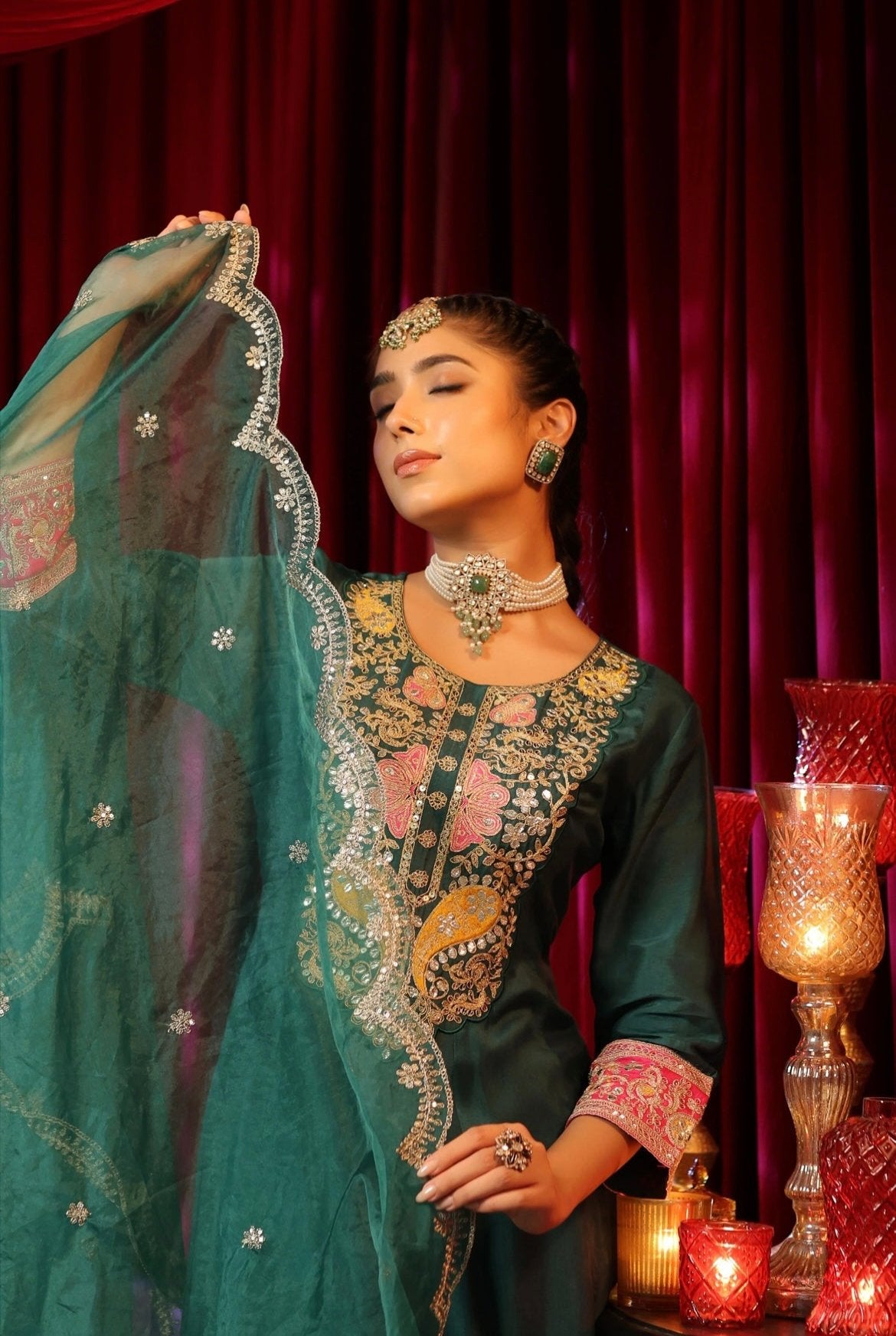 Dark Green Silk Anarkali with Pant & Dupatta. With Zari-Dori and Gota embroidery. Dupatta detail view .