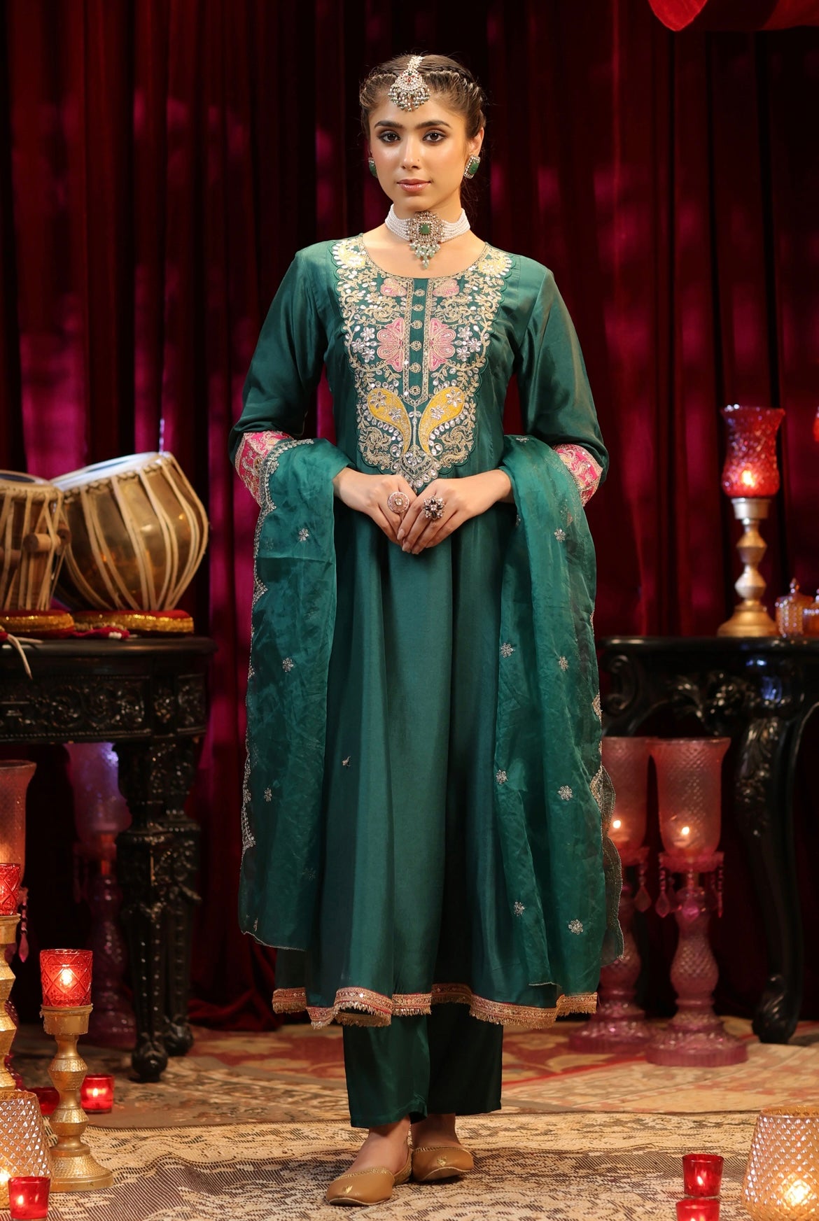 Dark Green Silk Anarkali with Pant & Dupatta. With Zari-Dori and Gota embroidery. Front view.