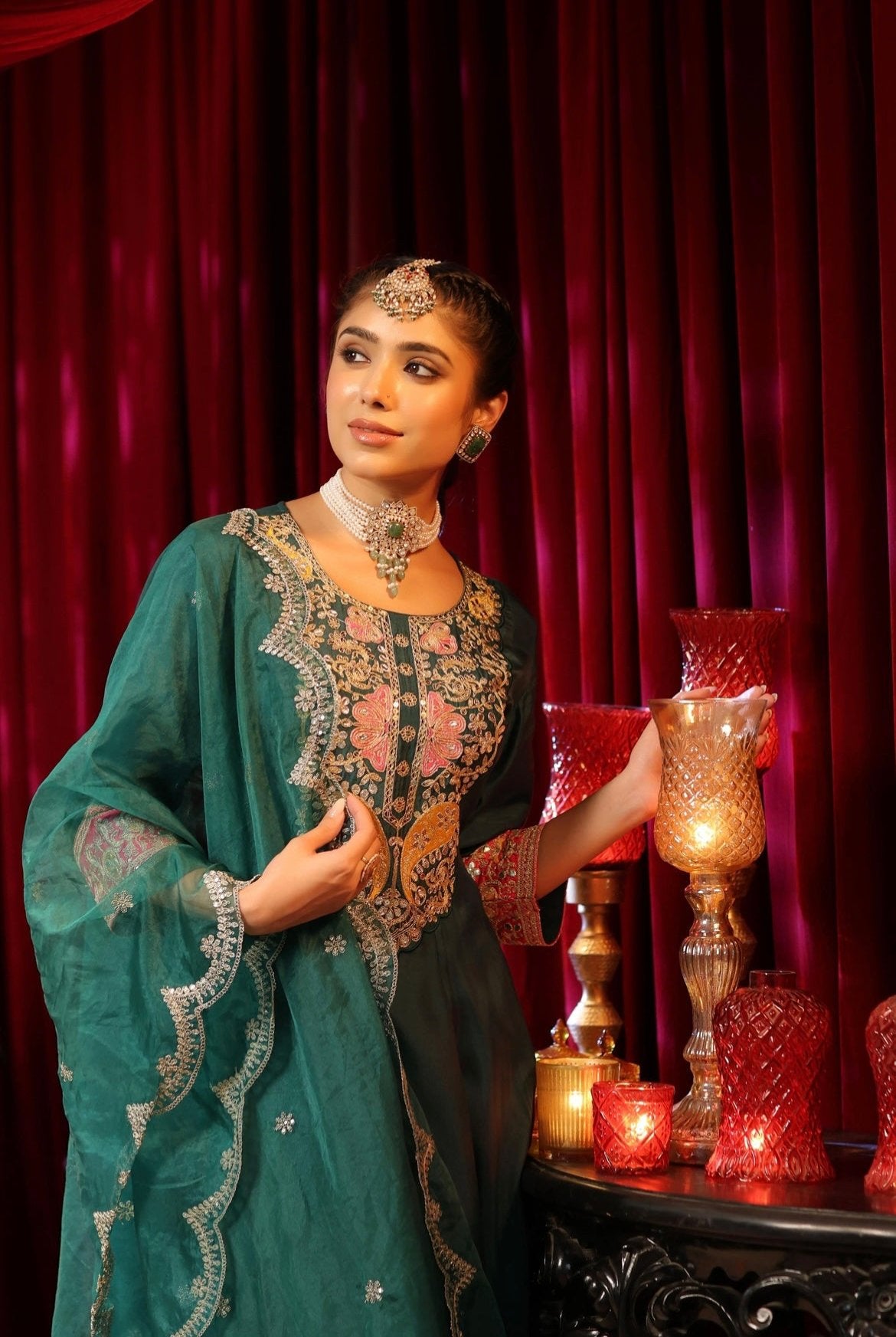 Dark Green Silk Anarkali with Pant & Dupatta. With Zari-Dori and Gota embroidery. Right Side view.