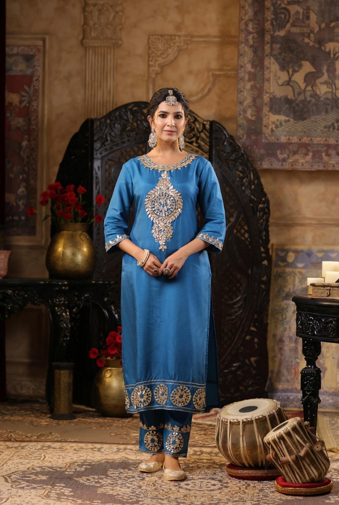 Teal Blue Silk Kurta with Mustard Organza Dupatta Set. Gota Patti embroidery. Front view