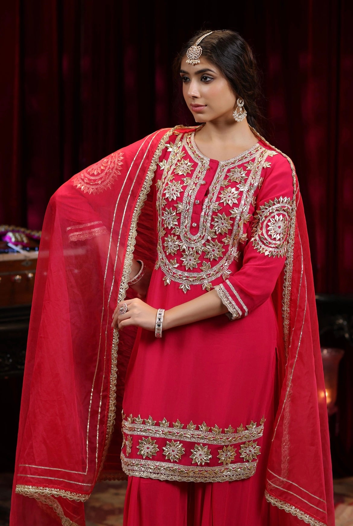 Fuchsia Pink Georgette Gota Work Kurta with Palazzo Set. Side view.