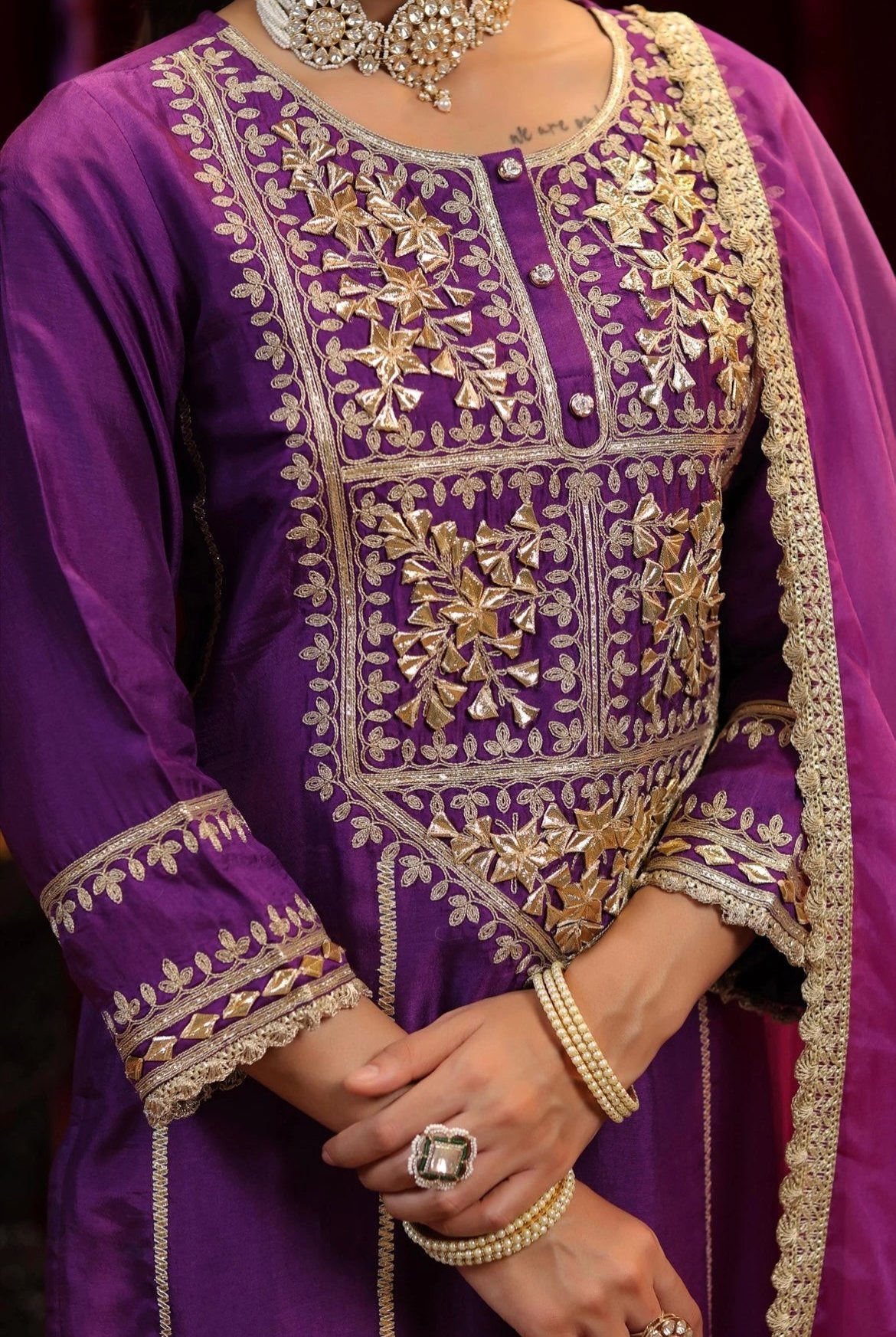 Purple Silk Kurta Pant Set with Gota and Zari work. Organza Dupatta. Detail view.