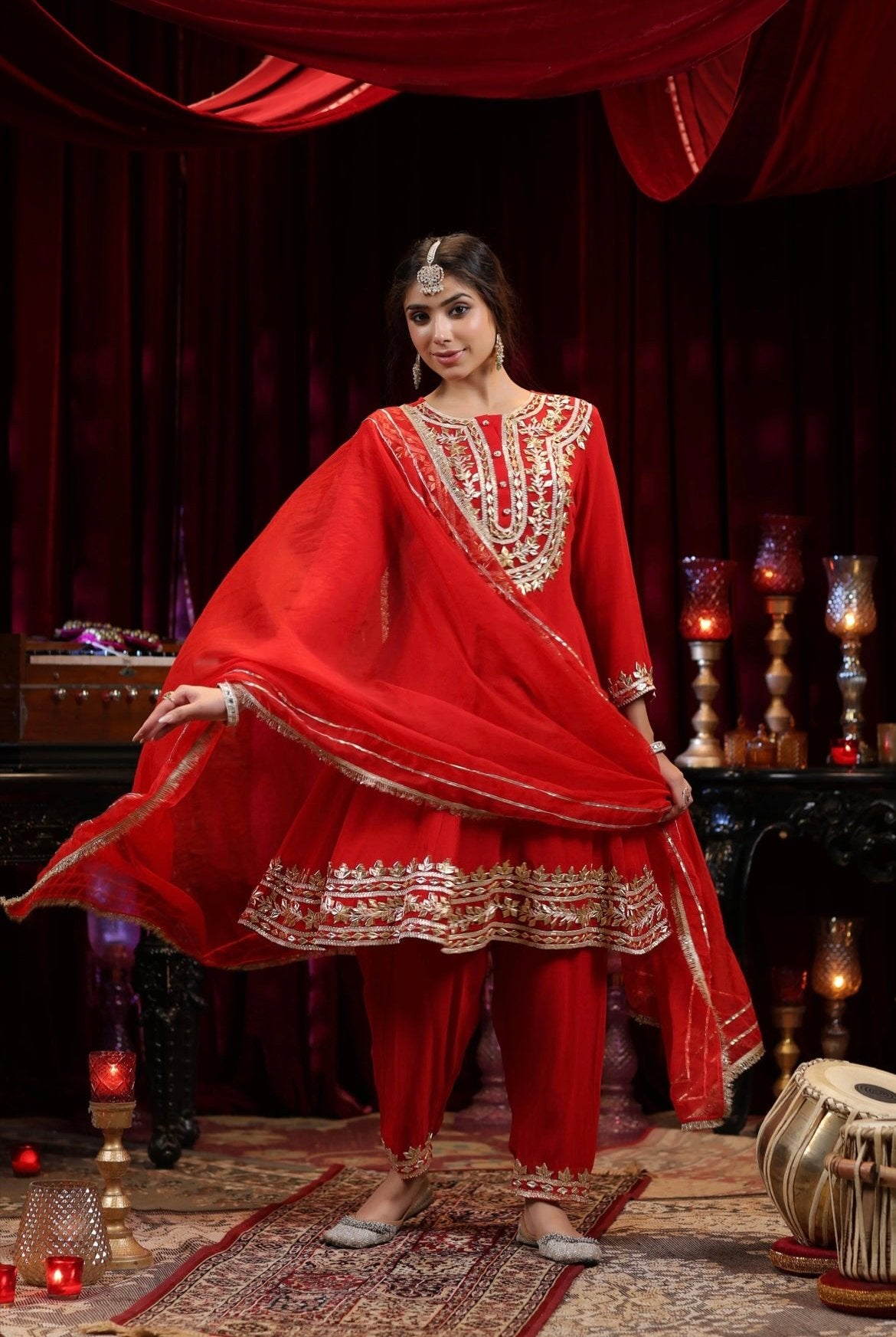 Red Georgette Anarkali and Salwar with Gota atti Embroidery. Organza Dupatta. Front view.