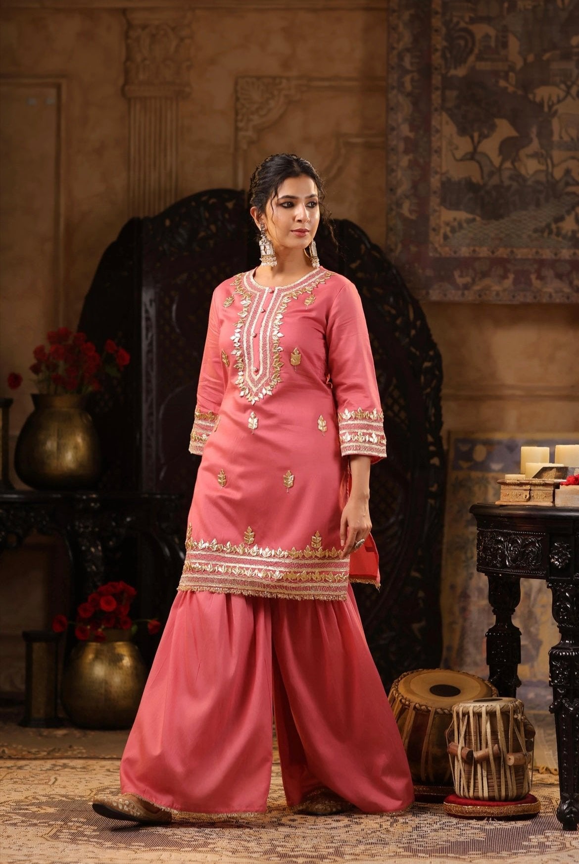 Rose Punk Chanderi Silk Kurta Sharara. Gotta and Zari dori work. Walking view