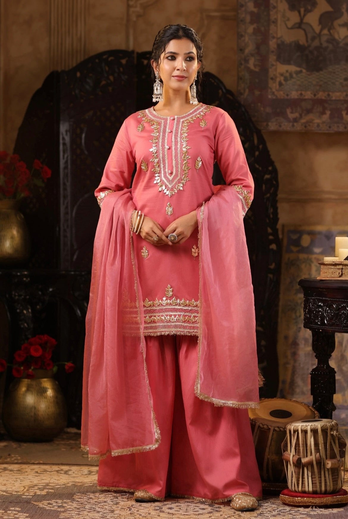 Rose Punk Chanderi Silk Kurta Sharara. Gotta and Zari dori work. Front view.