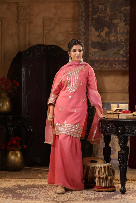 Rose Punk Chanderi Silk Kurta Sharara. Gotta and Zari dori work. Front View.