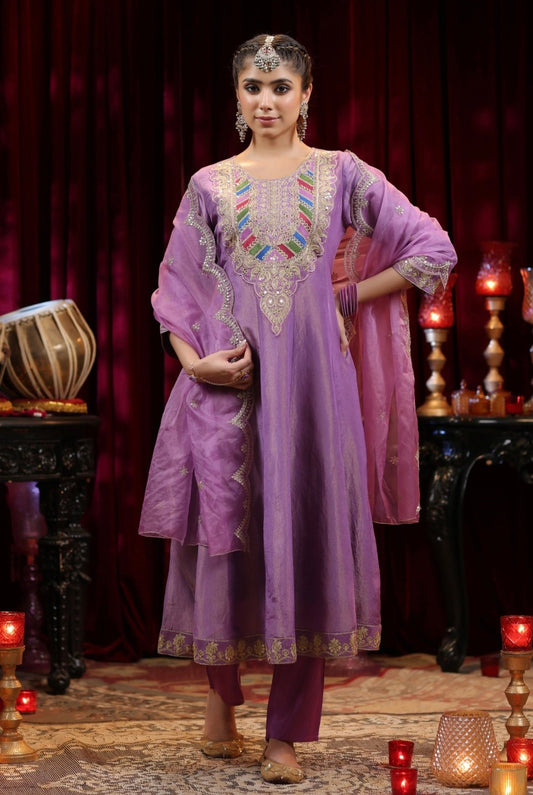 Purple Simmer Organza Anarkali with Pant and Organza Dupatta. Zari-dori and multicolour thread work . Front view.