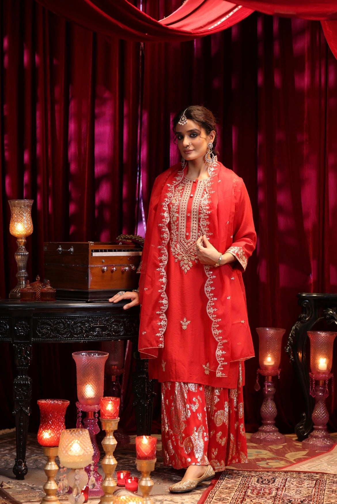 Red Chanderi Silk Kurta with Jacquard Sharara and Organza Dupatta. Zari embroidery. Front View.