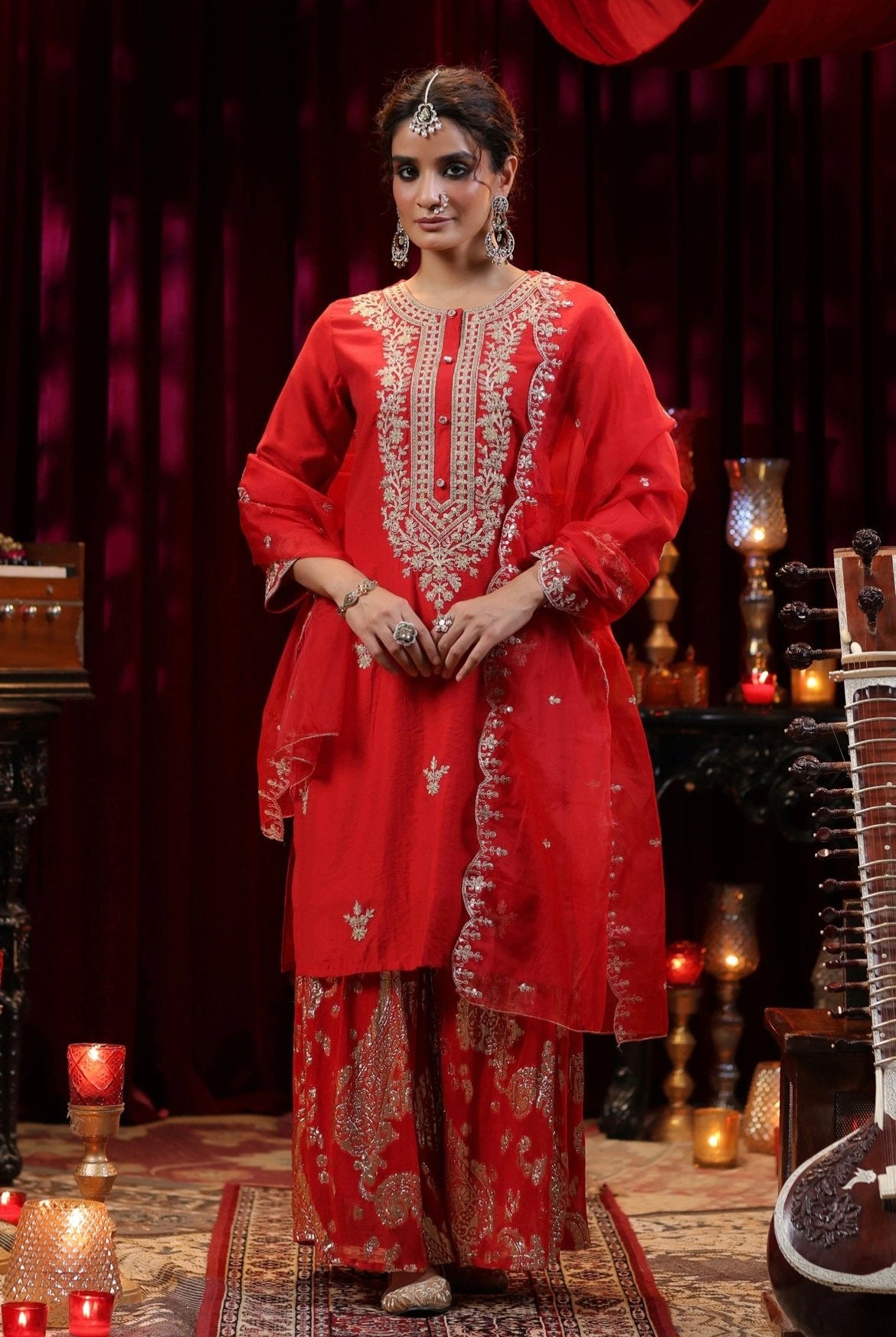 Red Chanderi Silk Kurta with Jacquard Sharara and Organza Dupatta. Zari embroidery. Front view.