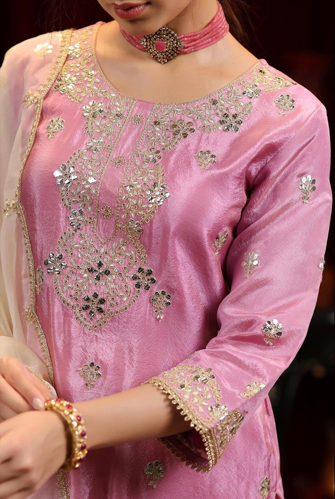 Mauve Ivory Shimmer Organza Dori Gota Embroidery Sharara Set. Detail view.