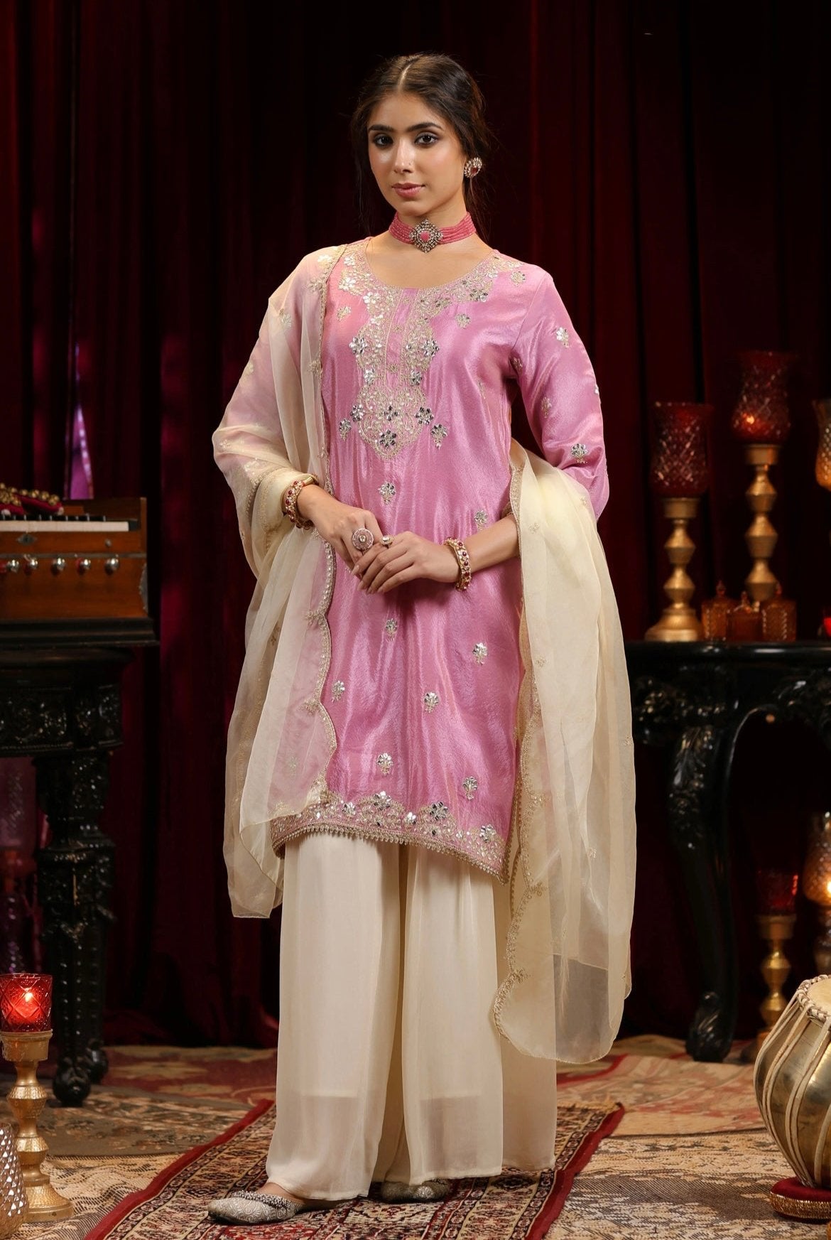 Mauve Ivory Shimmer Organza Dori Gota Embroidery Sharara Set. Front view.