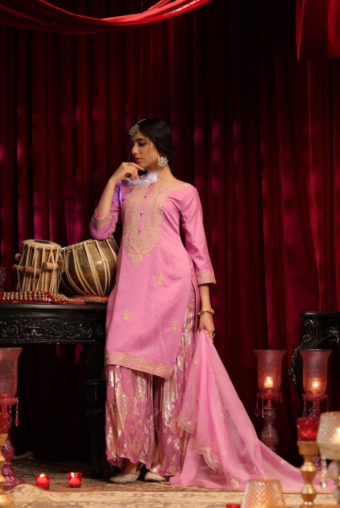 Pink Chanderi Silk Kurta with Jacquard Sharara and Organza Dupatta. Zari embroidery. Side view.