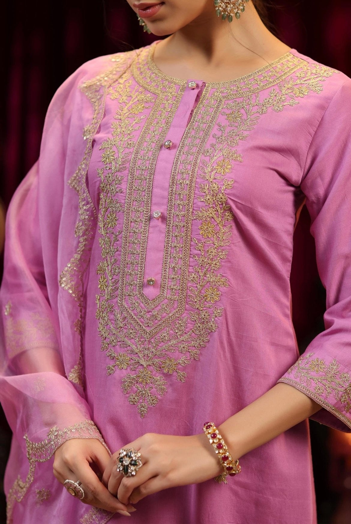 Pink Chanderi Silk Kurta with Jacquard Sharara and Organza Dupatta. Zari embroidery. Detail view.