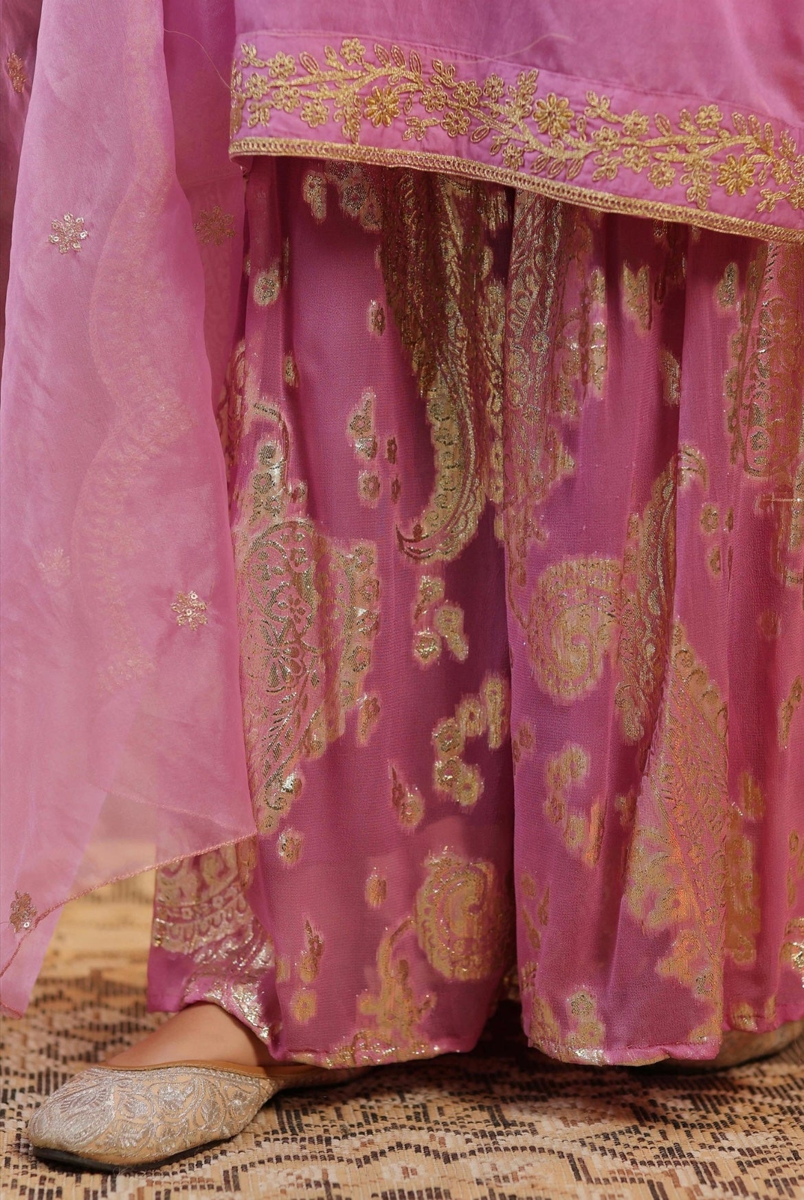 Pink Chanderi Silk Kurta with Jacquard Sharara and Organza Dupatta. Zari embroidery. Bottom detail view.