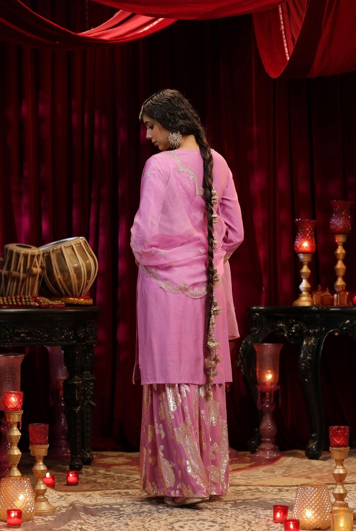 Pink Chanderi Silk Kurta with Jacquard Sharara and Organza Dupatta. Zari embroidery. Back view.